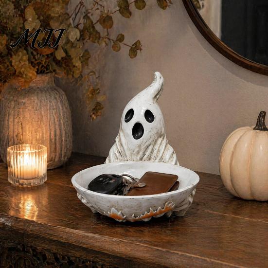 Halloween Atmosphere Table Accents Ghost Jewelry Dish, Durable Resin Storage Bowl, Decorative Container for Keys Retro Figurine Tray, Rings