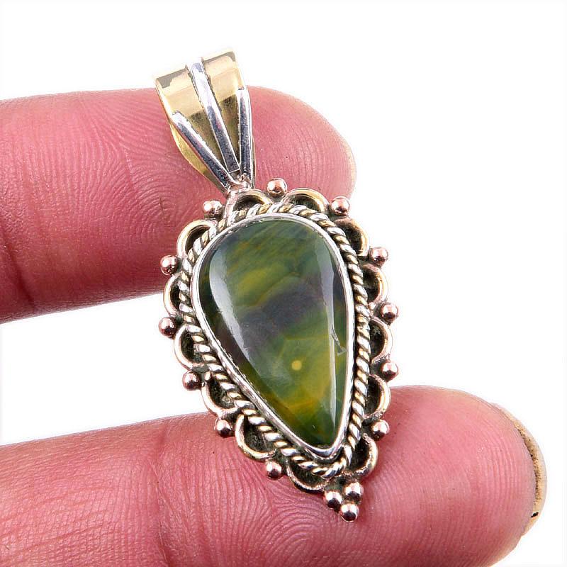 

Natural Ocean Jasper 925 Solid Sterling Silver Jewelry TwoTone Pendant 1.5 Y9L67