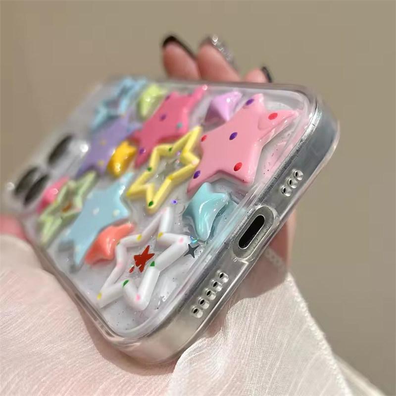 Glitter Bling 3D Dopamine Stars Protection Case For iPhone17 Air 16 E 15 14 13 12 11 Pro Max Plus X XR 7/8 SE Lovely Epoxy Transparent Acrylic Cover