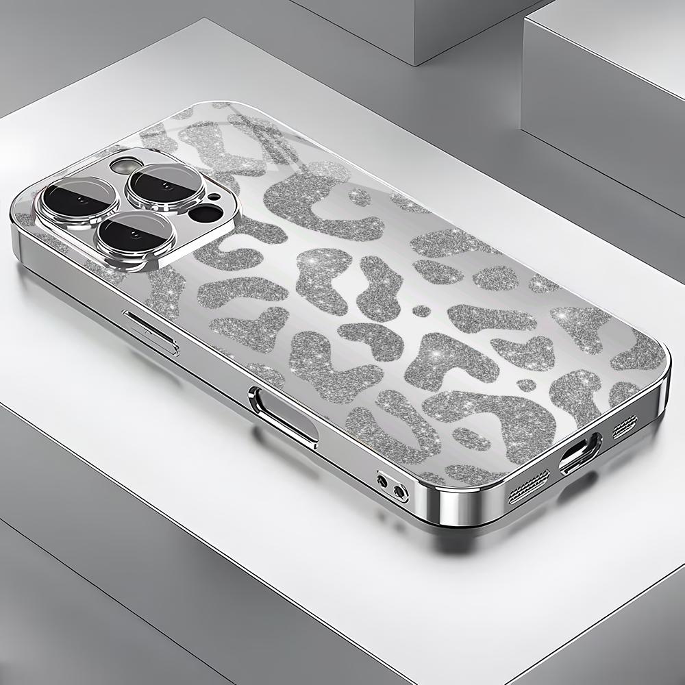 Sparkling leopard print silver plated glass phone case suitable for iPhone 17 16 15 14 13 12 11 Pro/Max/Plus scratch resistant