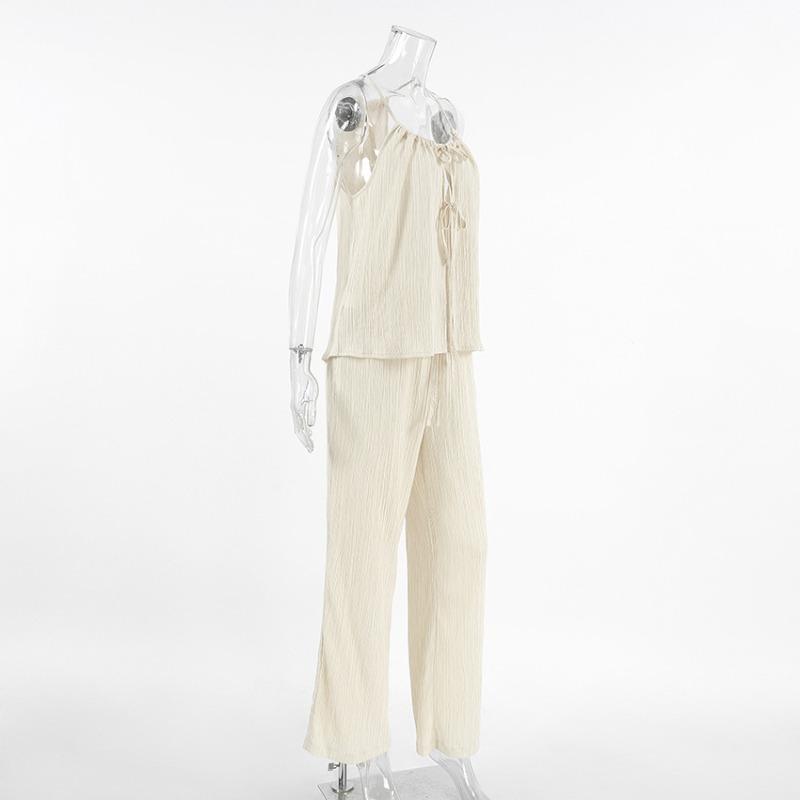 Retro Solid Color Round Neck Lace Up Sleeveless Top Sets Elegant High Waist Loose Wide Leg Pants Suit 2026 Summer Lady High Street Outfits