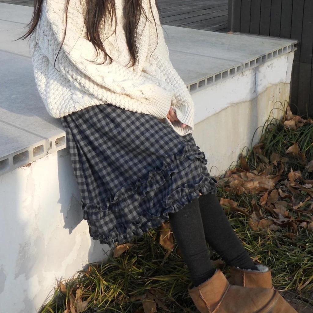 Korean Retro Plaid Ruffle Midi Skirt with Elastic Waist - Women's New Arrival