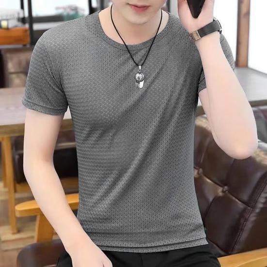 Men Top Breathable Round Neck Quick Dry Mesh Design Short Sleeve All-matched Solid Color Men Summer Top Outing Clothing