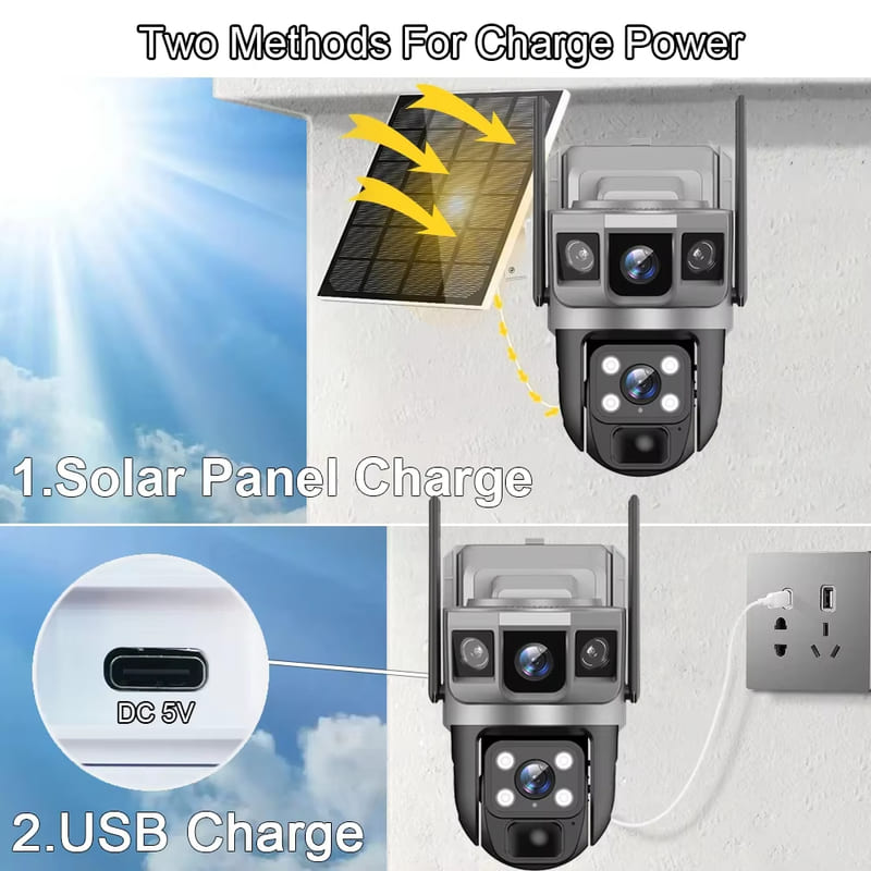 Dual Lens Three Screens WIFI Solar Camera 12MP 10X Zoom CCTV Outdoor Automatic Tracking Humanoid Detection Support PTZ IP66 Cam