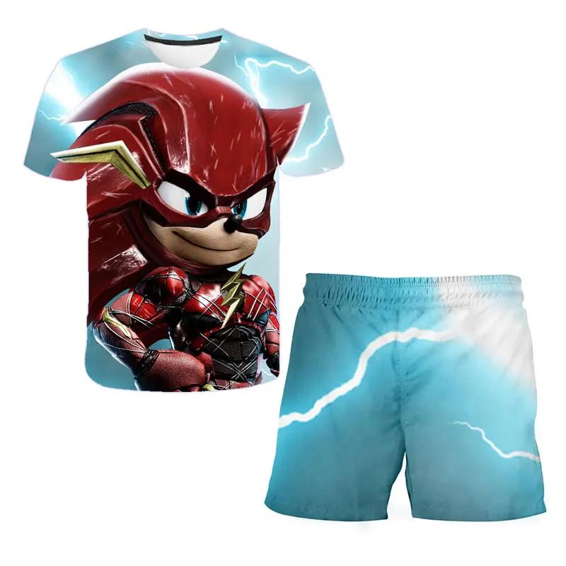 2025 MINISO New boys and girls super sonic Tshirts+shorts  Harajuku Sonic print suit T-shirt + shorts fashion street style children's short sleeves