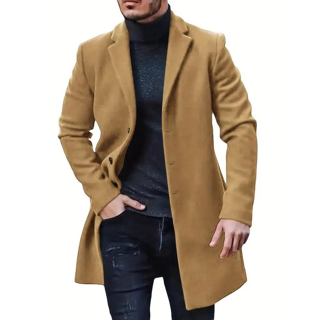 Autunno Inverno Uomo Cappotto di Lana Risvolto Manica Lunga Giacca Monopetto Media Lunghezza Business Trench Capispalla Tinta Unita Capispalla Antipolvere
