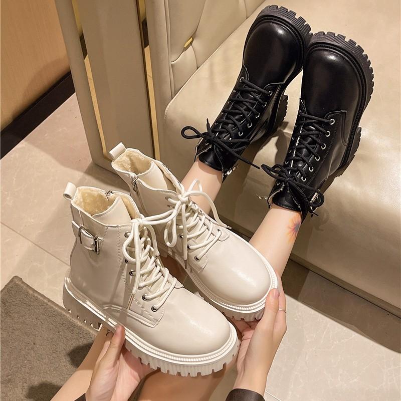 Mid-barrel Cotton Boots Winter New Round Toe Lace-up Front Side Zip Platform Non-slip Wear-resistant Block Heel Shoes