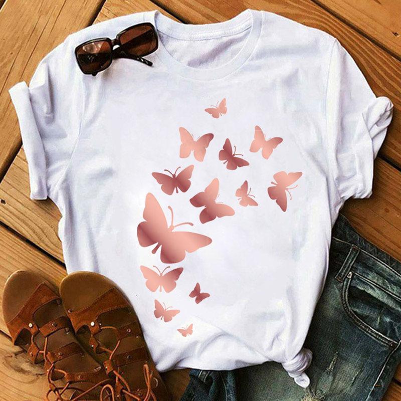 Fashionable Plus Size Color Butterfly Print Simple Base Shirt Loose Fitting Clothes Pure Cotton T-Shirts Women’s