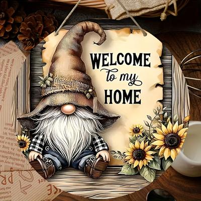 2D Flat Wooden Vintage Gnome Welcome Sign - Rustic Farmhouse Decor with "Welcome To My Home" Text, Featuring Bearded Gnome In Plaid Boots