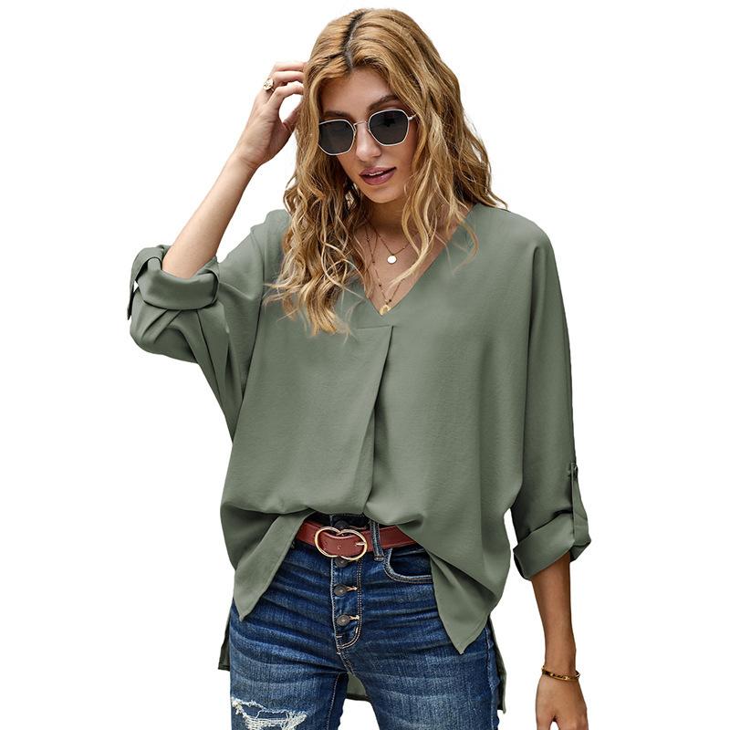 Women's V Neck Three Quarter Sleeve Blouse Loose Fit Office Solid Color High Low Hem Shirt Casual Work Top For Autumn Daily Wear