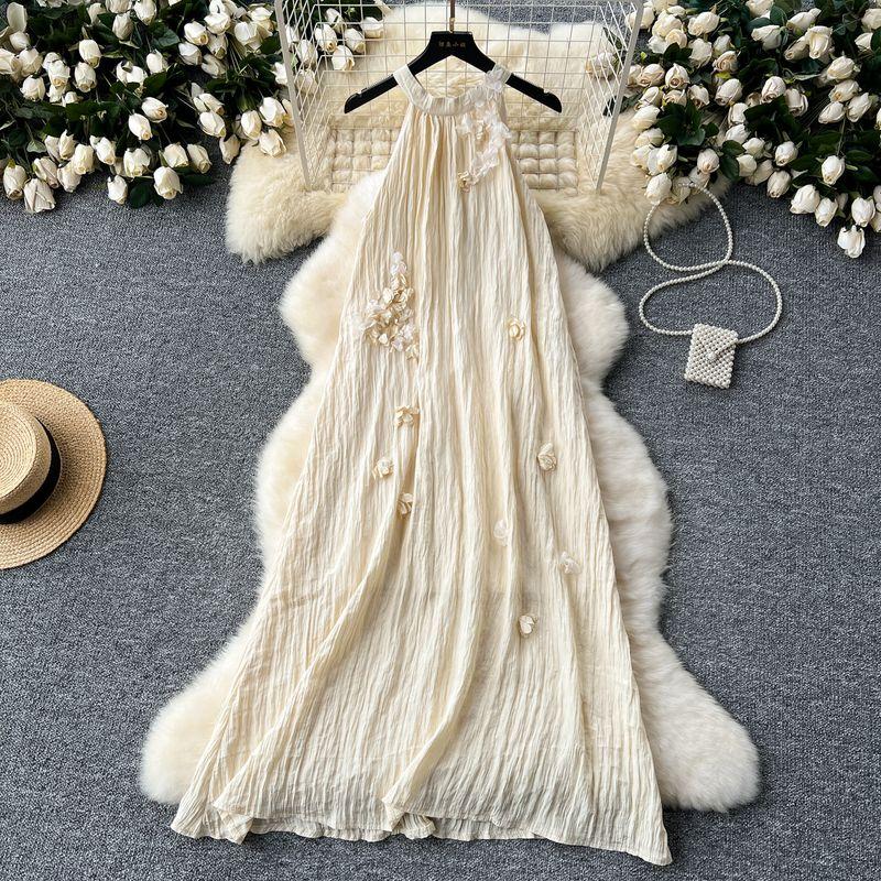 

Женское платье без рукавов с халтером, атмосфера морского отдыха, трехмерный цветок, шикарное, свободное, стройнящее, А-силуэт, длинное платье Apricot color S