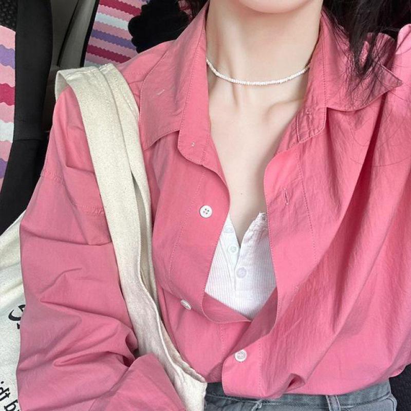 Damen Französisch Rosa Langärmliges Sonnenschutz-Cardigan-Hemd für Frühling und Herbst