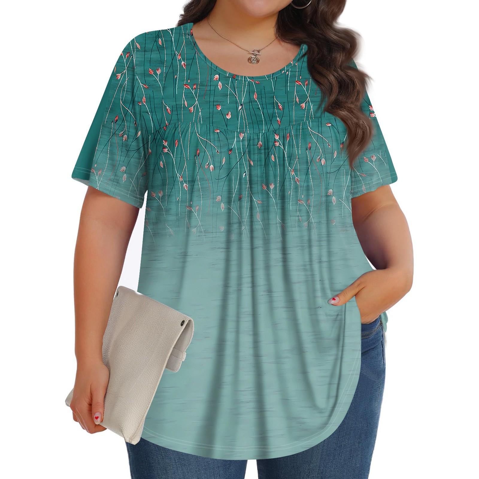 

Женский модный повседневный топ с круглым вырезом и короткими рукавами с принтом, женские топы больших размеров XXXL циан