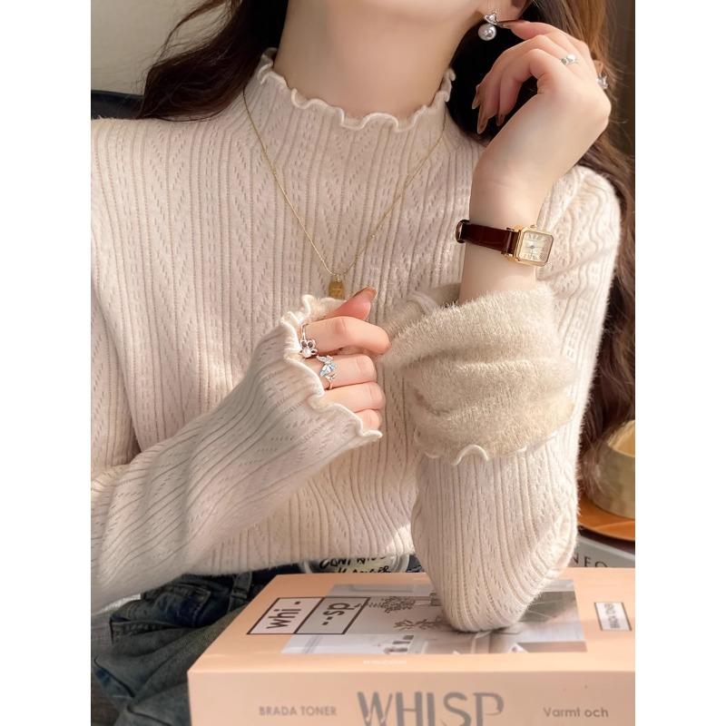 White Bottomed Shirt Women's New Autumn and Winter with Semi-turtleneck Sweater with Fungus Edge Knitted Sweater Top