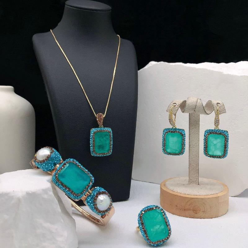 Paraiba Stone Freshwater Pearl Bracelet Necklace Ring Earrings Set Aquamarine Fashion Versatile Women