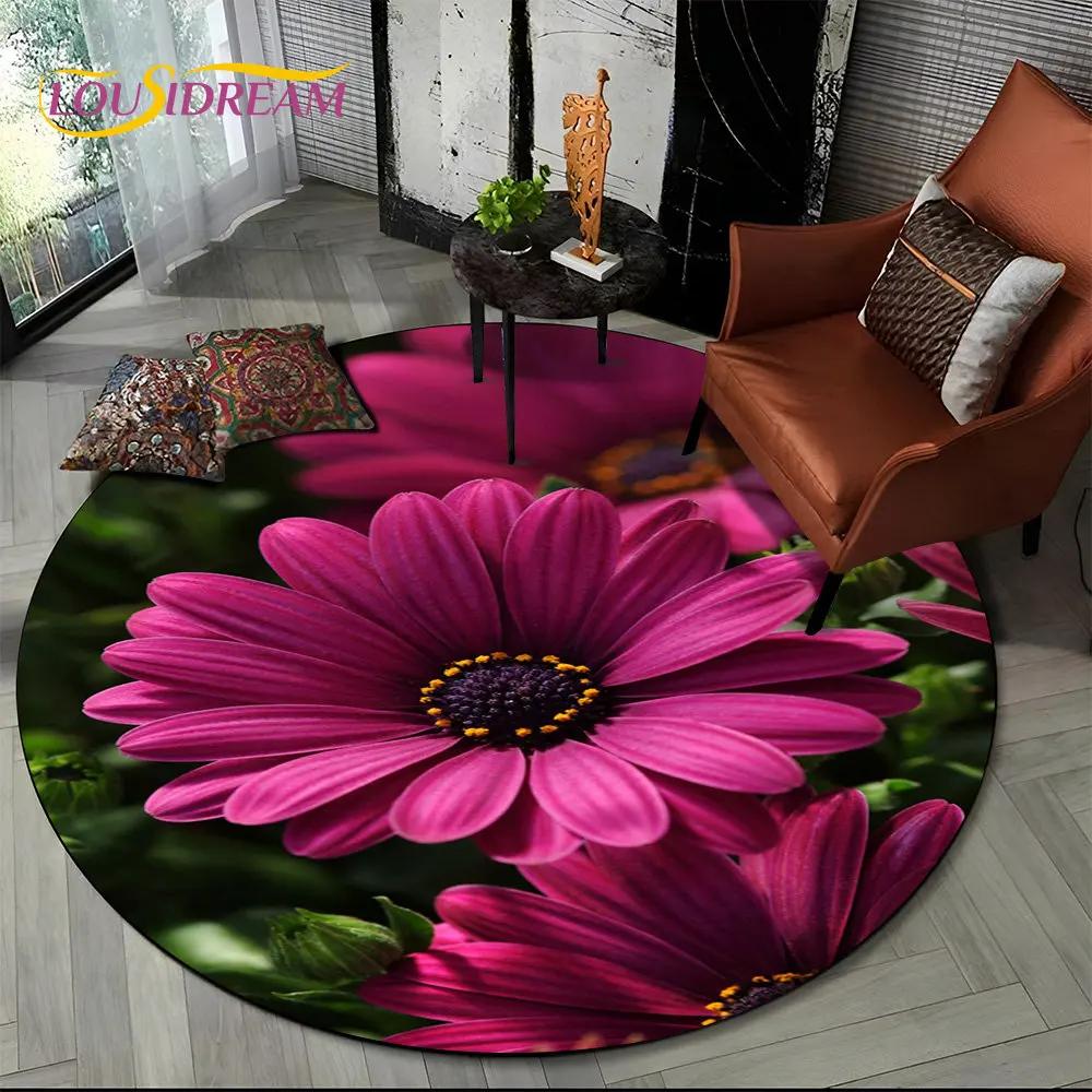 3D Daisy Nordic Flower Sunflower Round Area Rug,Carpet for Living Room Children's Bedroom Sofa Playroom Decor,Non-slip Floor Mat