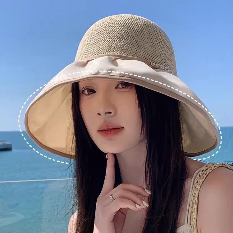 

Hat women s pearl big edge spring sun protection sun hat seaside vacation bucket hat knitted sun hat high sense One Size