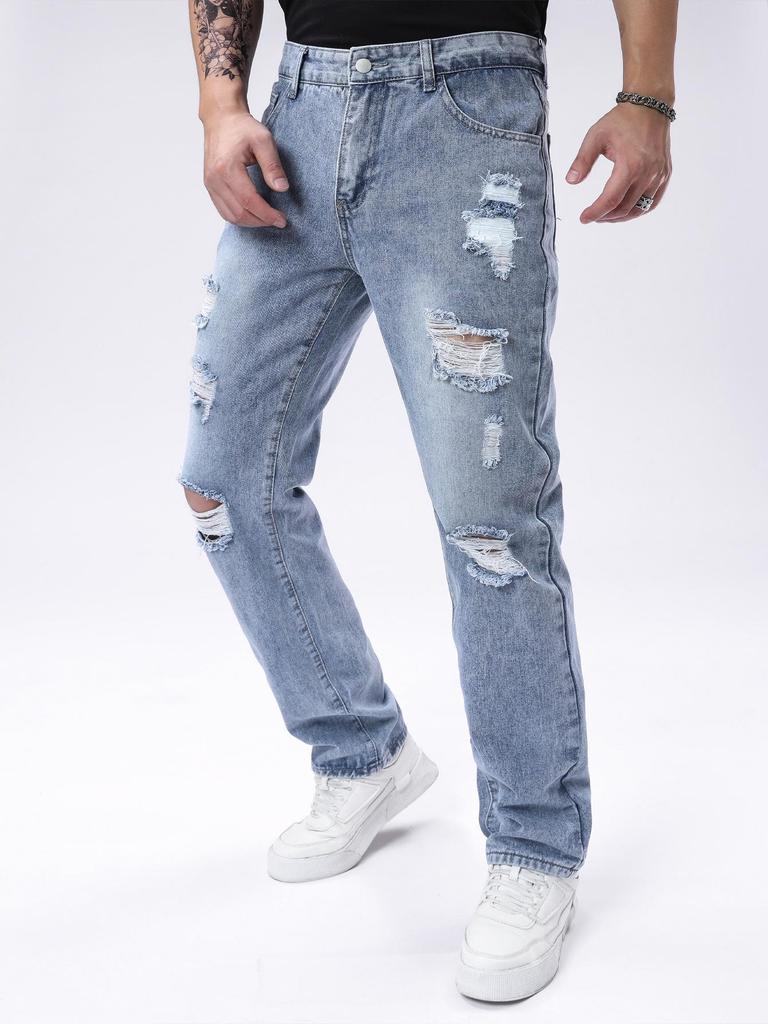 Pantaloni di jeans da uomo azzurro chiaro a gamba dritta strappati