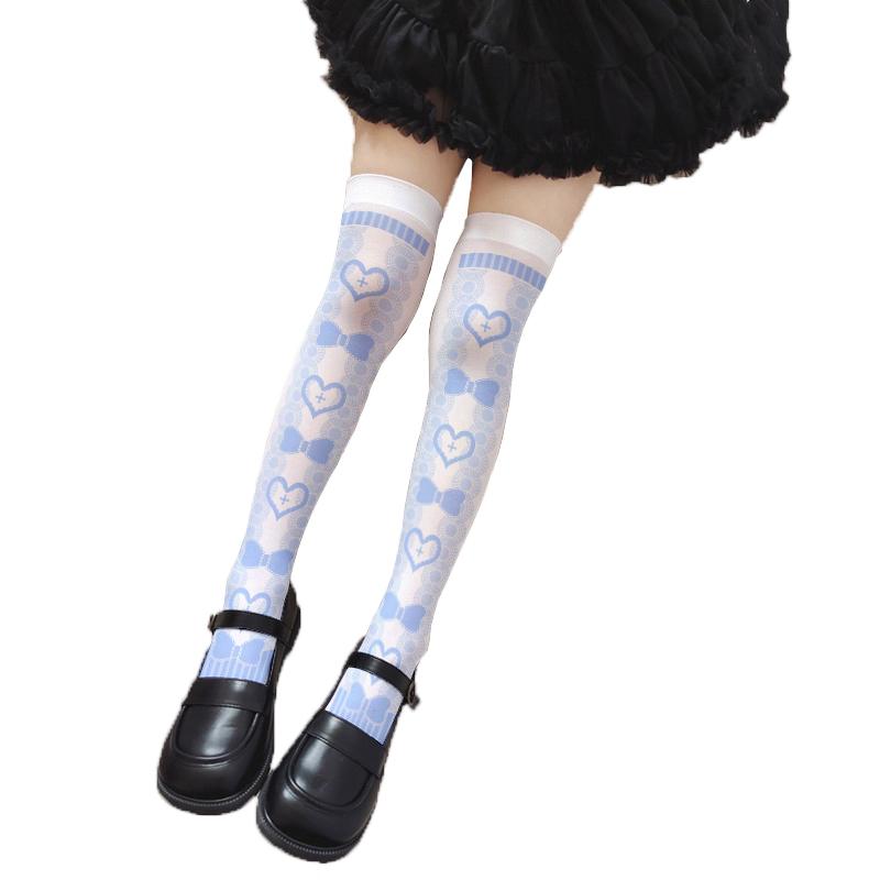 Calze rosa da principessa Lolita sopra il ginocchio con stampa fiocco d'amore calze da ragazza estive sottili per festa appuntamento cosplay