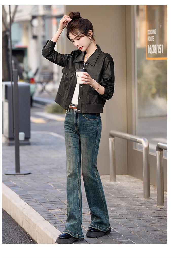 Women's Retro Genuine Leather Motorcycle Jacket, Spring/Autumn 2025 Fashion, Solid Color, Loose Fit, Short Style.