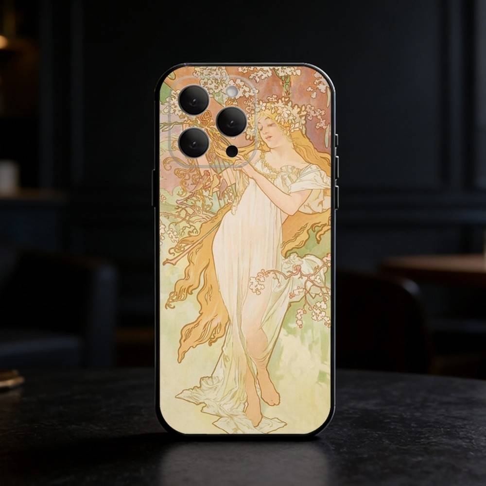 ART Альфонс Муха Чехол для телефона iPhone 17,16,15,14,13,12,11 Plus,Pro Max,SE4 Мягкий силиконовый черный чехол iPhone16