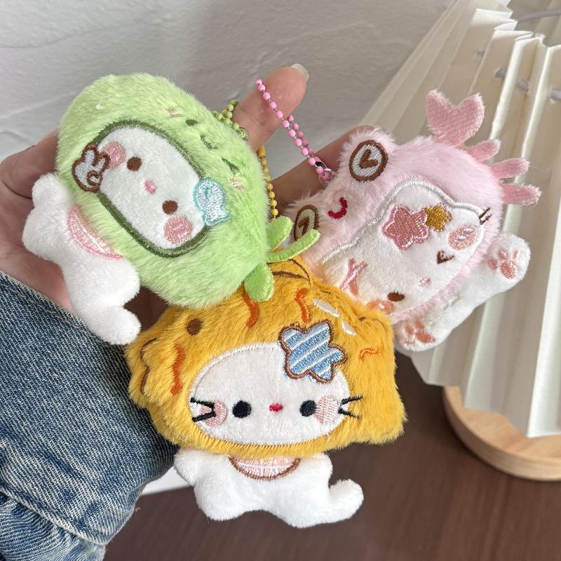 Cartoon Creative Hood Hello Kitty Doll Pendant Plush Keychain Cute Funny Soft Stuffed Doll Toy Backpack Hanging Decoration Gifts