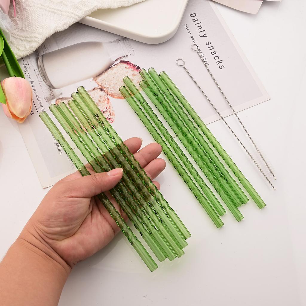15 PCS Reusable Glass Straws, 8 Inch X 0.3" Thread Pattern Design Colored Drinking Straws, Include 12 Straight Straws, 2 Cleaning Brushes, 1 Bag