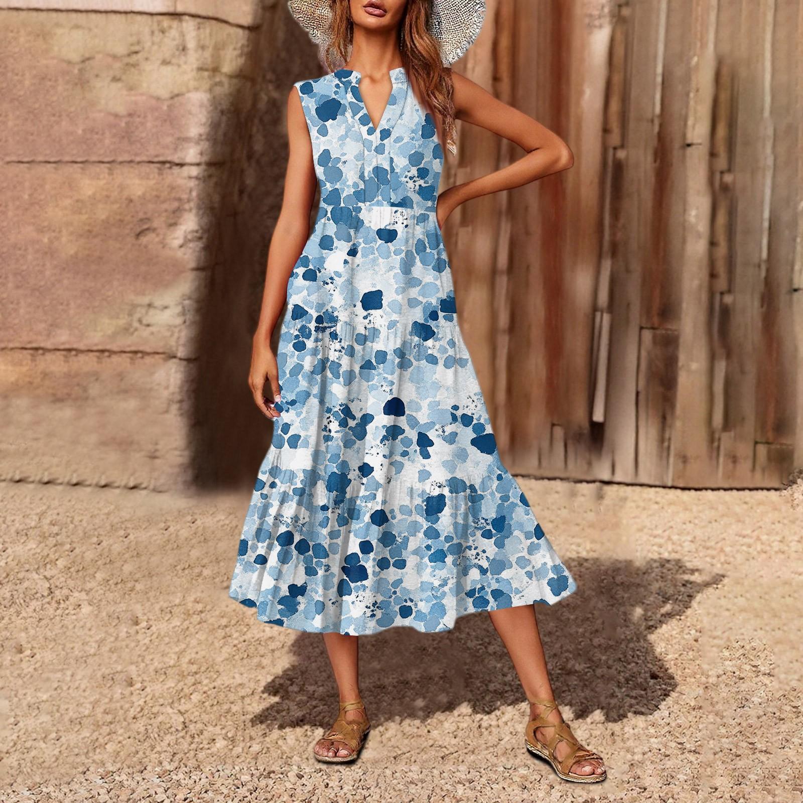 

Women s Casual And Fashionable V-neck Sleeveless Printing Mid Length Dress XL небо синє кольору