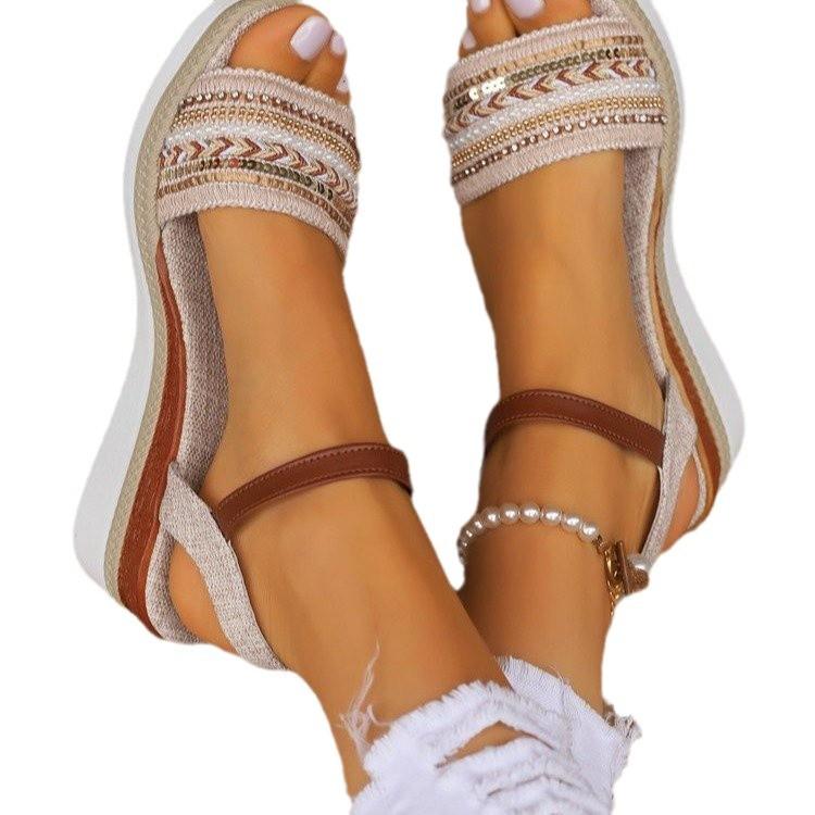 Large size wedge heel fish mouth sandals bohemian buckle belt women's shoes summer platform beach women