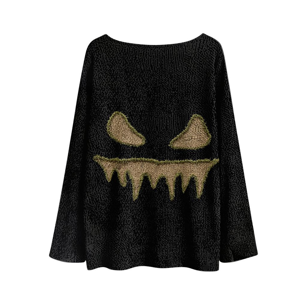 Women's Long Sleeve Halloween Print Crewneck Knit Pullover Sweater for Casual Daily Wear