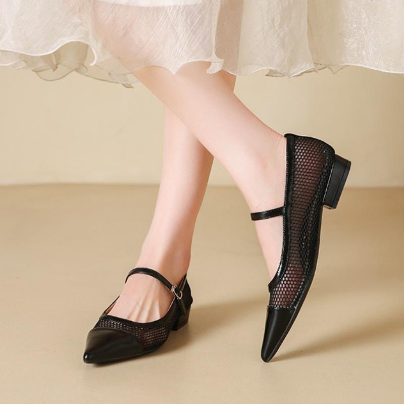 Fashion Fashion Mesh Hollow Low Heel Pumps Women Elegant Pointed Toe Narrow Band Buckle Designer Shoes Comfortable Breathable Dress Shoe