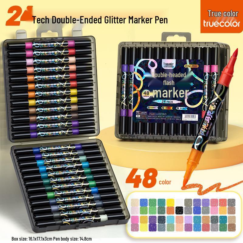 True Color Double-Ended Glitter Marker Pen, Soft Tip, Non-Bleeding, Acrylic for Art Class & Hand-Painted Newspaper.