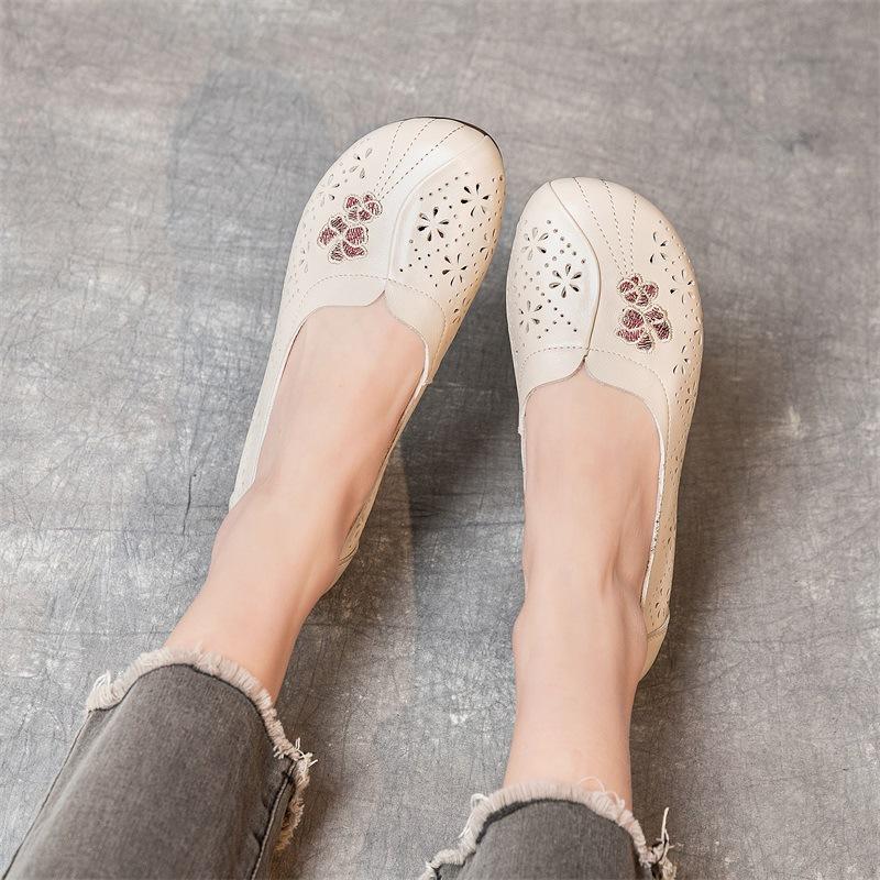 Fashion GKTINOO Summer New Genuine Leather Mom Sandals Flat Non slip Hollow Shallow Breathable Casual Shoes Elderly Sandals