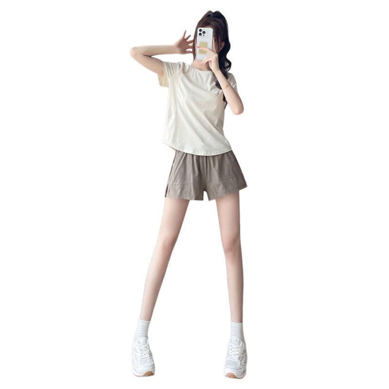 Womens Running Set Quick Dry Loose Short Sleeve Yoga Top Shorts Gym Workout Outfit