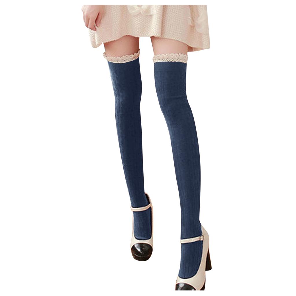 Women Lady Warm Cotton Thigh High Long Stockings Knit Over Knee Lace Socks