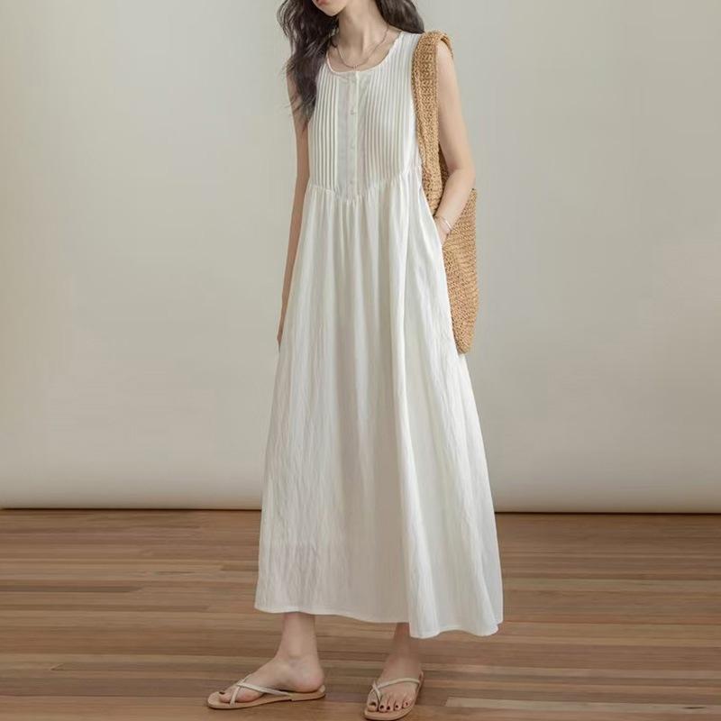 

Летнее длинное платье без рукавов плиссированное Vestidos корейская мода свободный сарафан повседневное пляжное платье-майка XS белый