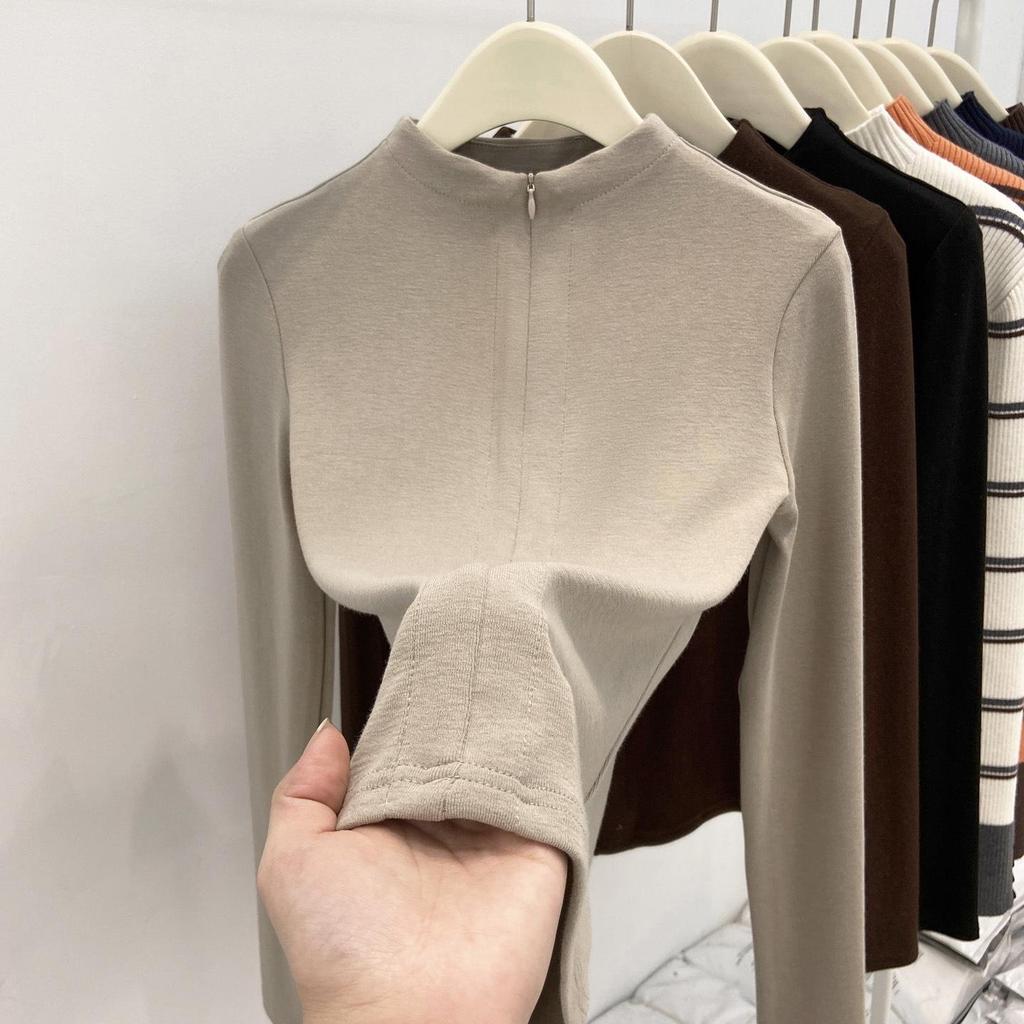 American Style Slim Fit Long Sleeve Women's Brushed T-shirt with Zippered Half-Open Collar for Autumn/Winter.