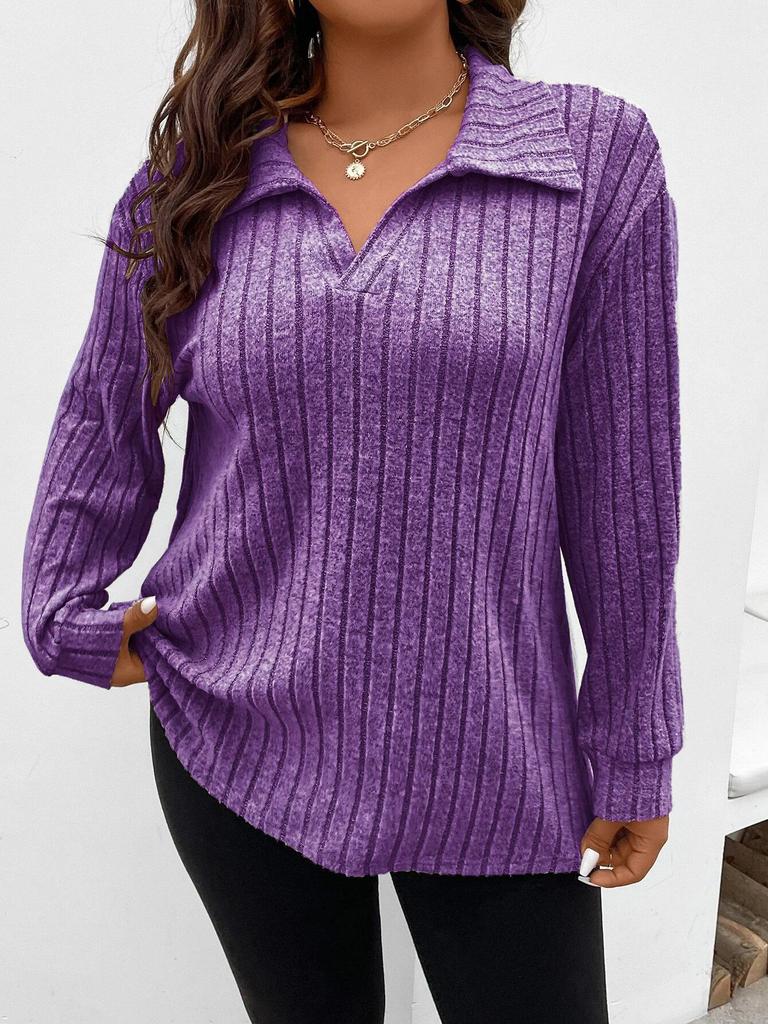 Autumn and Winter Solid Color Plus Size Women's Top V-neck Long Sleeved Pit Stripe Brushed T-shirt Loose Fitting Shirt