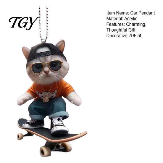 Street Fashion Car Pendant Skateboard Cat Hanging Ornament, 2D Flat Acrylic Rearview Office Workstation Ornament Mirror Decor, Trendy Skate