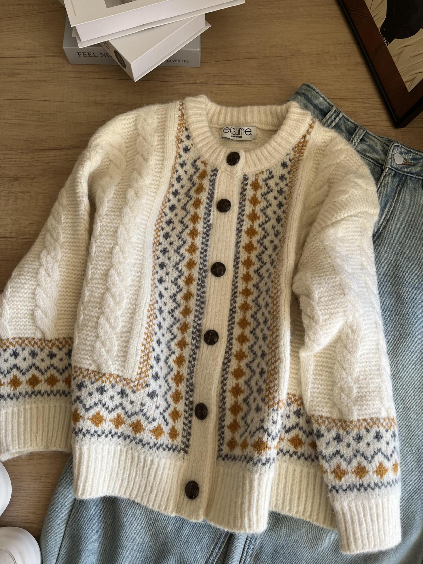 

Женский вязаный кардиган в стиле ретро Fair Isle - Высококачественный, свободный, толстый свитер для осени/зимы 2025 Small