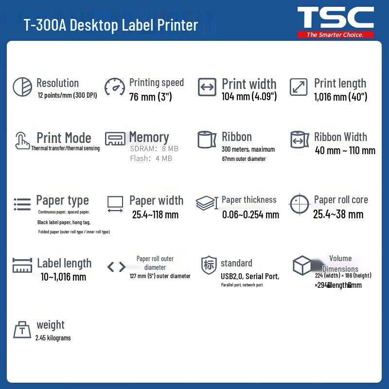 TSC Desktop Thermal Transfer Barcode Label Printer CN plug (adapter included)