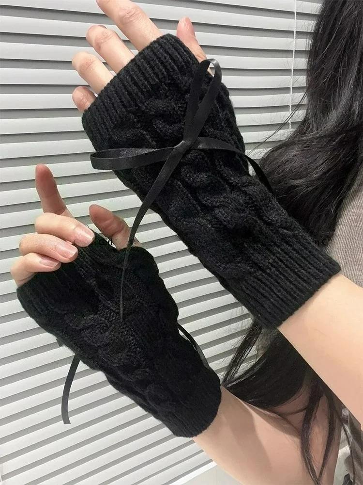 Korean Knitted Gloves Women's Bow Hand Warmer Winter Gloves Fashion Black Pink Knitted Thicken Mitten Fingerless Mittens
