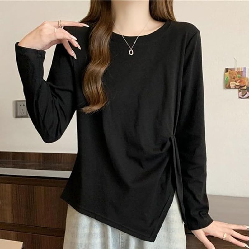 [ODFMCE] t-shirt ladies long sleeve spring cotton Plain color Fashionable Beautiful Relaxing big size is (JP, alphabet, L, black)