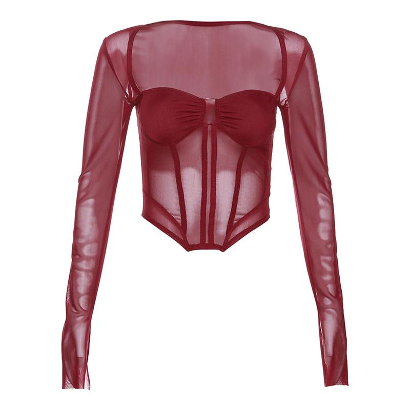 Women's Black Mesh Long Sleeve Corset Top, Square Neck Sheer Boned Crop Top for Streetwear & Party