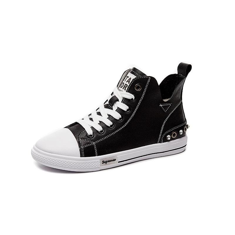 

Осенние новые кожаные кроссовки на мягкой подошве со стразами и лентой, модные высокие кроссовки, студенческая повседневная женская обувь 40 чёрный