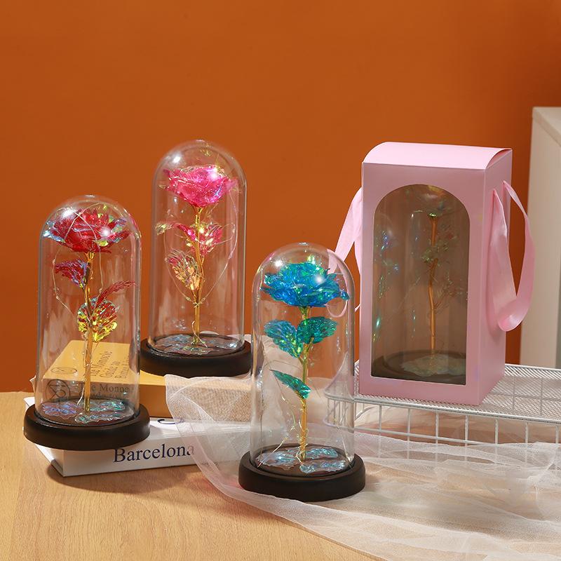 Rose Glass Cover, Gold Foil Bouquet Led Glass Cover Tabletop Ornament, Creative Holiday Gifts