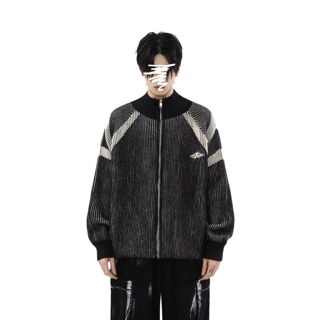 American Retro Design Sense Niche Fashion Contrasting Color Striped Turtleneck Sweater Couple Knitted Cardigan Casual Coat Men