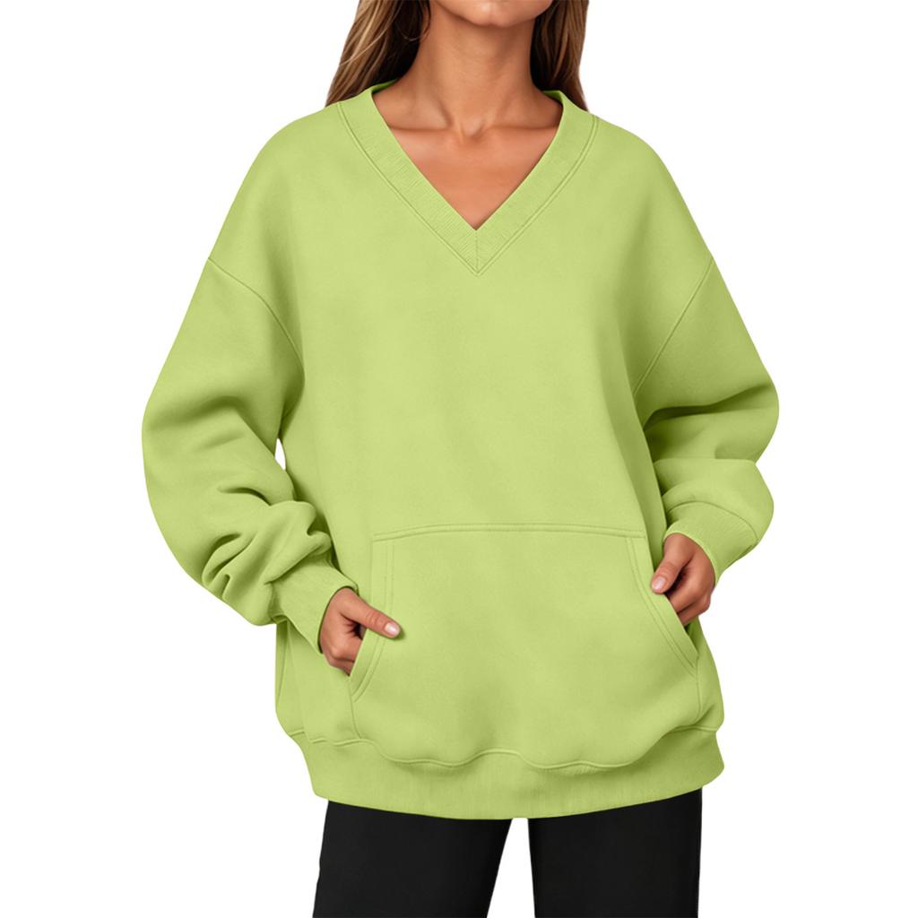 Damen Mode V-Ausschnitt Longline Pullover Sweatshirt mit Tasche für Herbst Winter