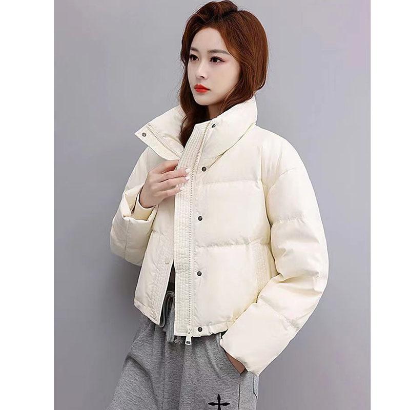 Women Stand Up Collar Short Winter Petite Fashion Bread Warm Thickened PU Leather Down Cotton Jacket for Women