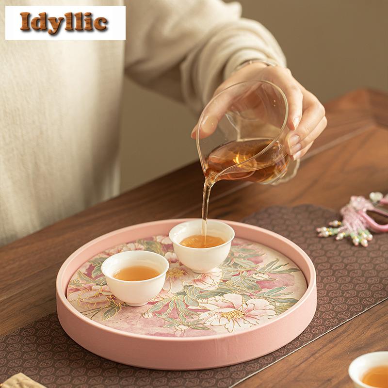 Embossed Gold-stamped Peony Tea Tray Cake Rack Coffee Storage Board Teapot Stove Insulation Dishes For Serving Chinese Tea Set